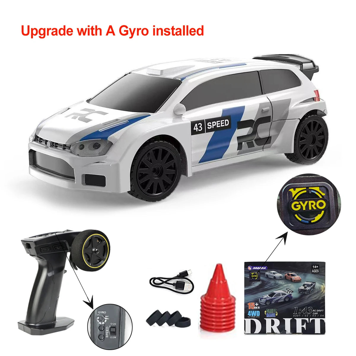 JIKEFUN 1/43 4WD Mini RC Drift Racing Car – Upgraded Gyro Assist, 2.4G High-Speed Radio Control RTR Vehicle with Rechargeable Battery - 4307 with gyro
