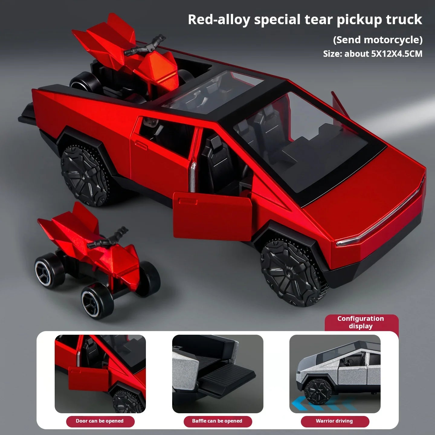 MAKEDA 1:36 Scale Cybertruck Off-Road Alloy Model – Futuristic Diecast Pickup Truck with Mini Beach Motorcycle for Display & Gifts - Red