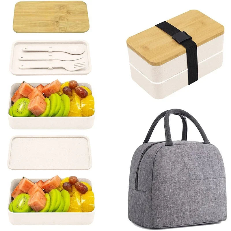 Leakproof 2-Layer Meal Prep Bento Box – 40oz Food Container with Utensils & Strap - White SET