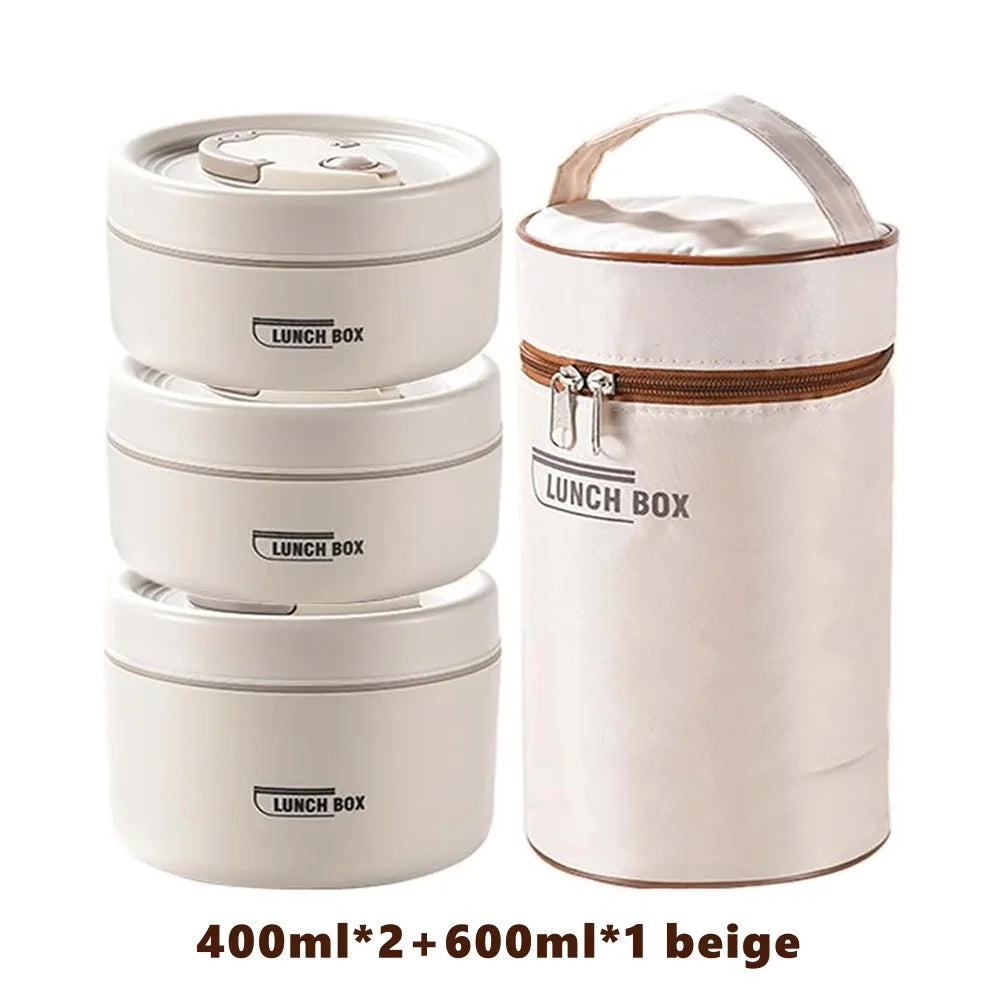 3-Tier Thermal Food Container Set – 304 Stainless Steel Vacuum Stackable Bento Box with Lunch Bag - beige - 3 - 800-1000ml