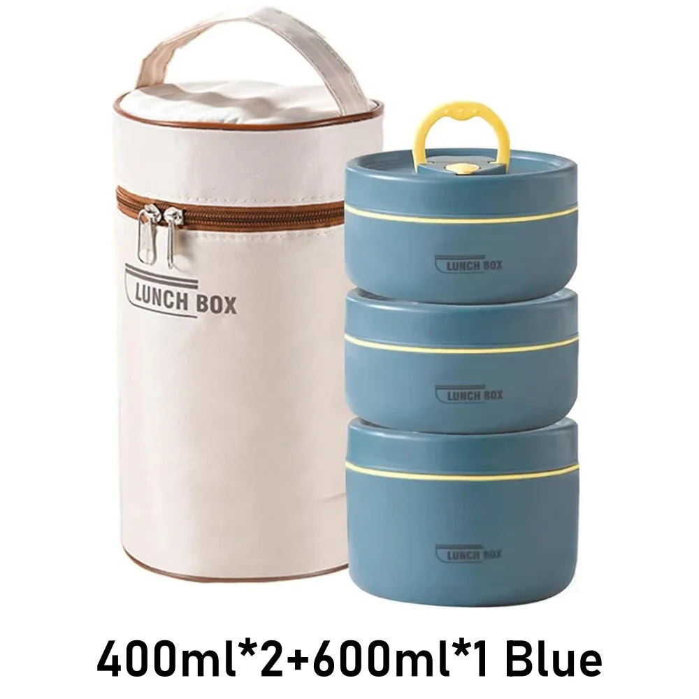 3-Tier Thermal Food Container Set – 304 Stainless Steel Vacuum Stackable Bento Box with Lunch Bag - blue - 3 - 800-1000ml