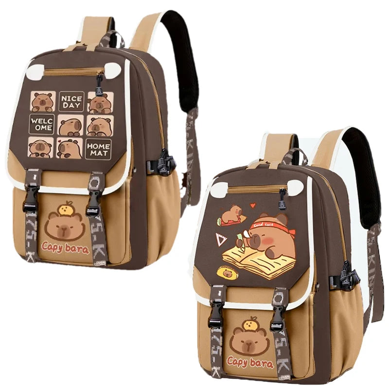 Kawaii Capybara Stylish Khaki School Backpack - Product Photo 1