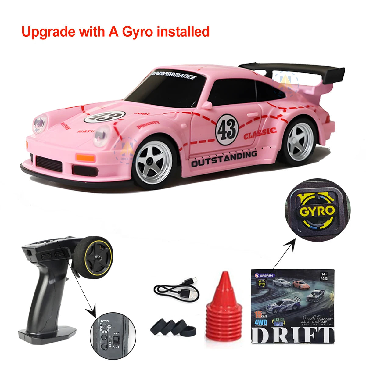 JIKEFUN 1/43 4WD Mini RC Drift Racing Car – Upgraded Gyro Assist, 2.4G High-Speed Radio Control RTR Vehicle with Rechargeable Battery - 4305pink with gyro