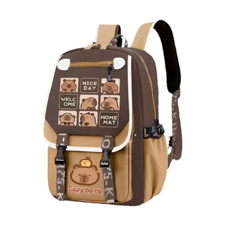 Kawaii Capybara Stylish Khaki School Backpack - Product Photo 3