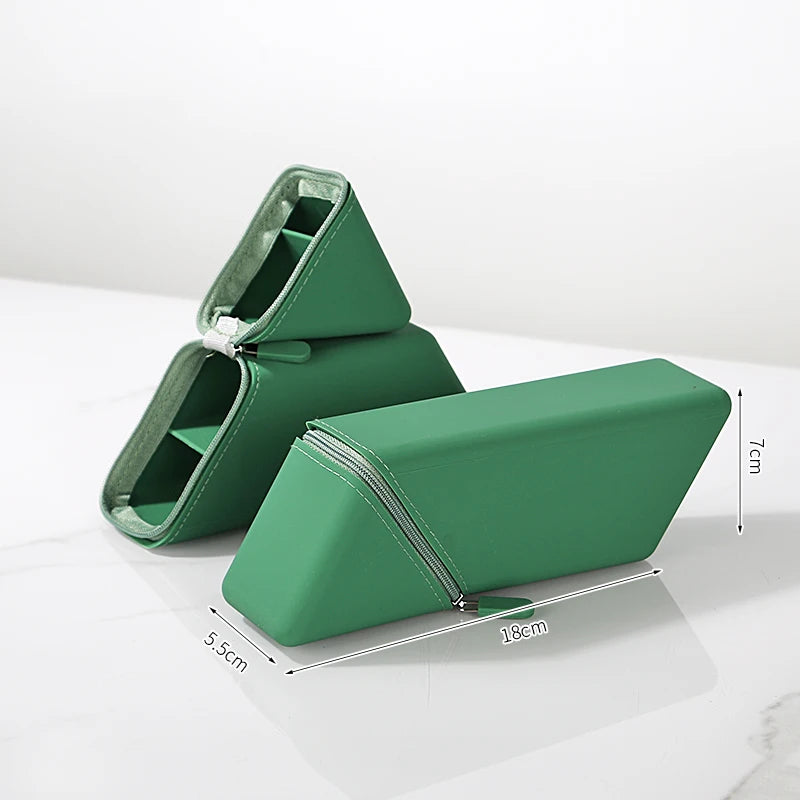 Large Capacity Triangular Silicone Pencil Bag – Standing Pen Holder for School & Desk - Green