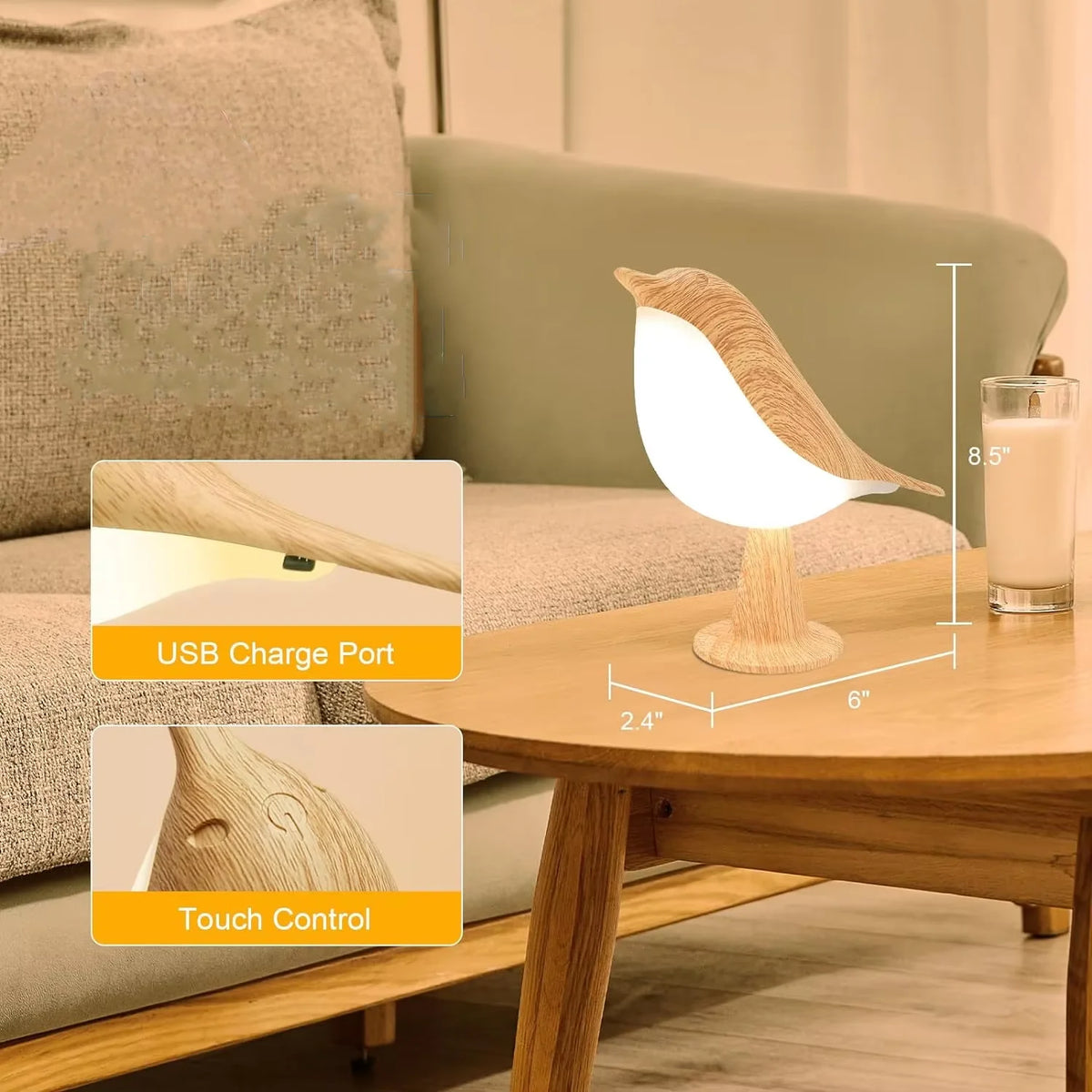 Art Deco LED Bird Table Lamp – Touch-Control 3-Brightness Dimmable Rechargeable Cordless Bedside Light - Product Photo 4