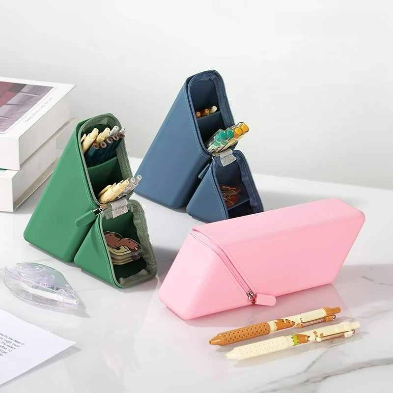 Large Capacity Triangular Silicone Pencil Bag – Standing Pen Holder for School & Desk - Product Photo 1