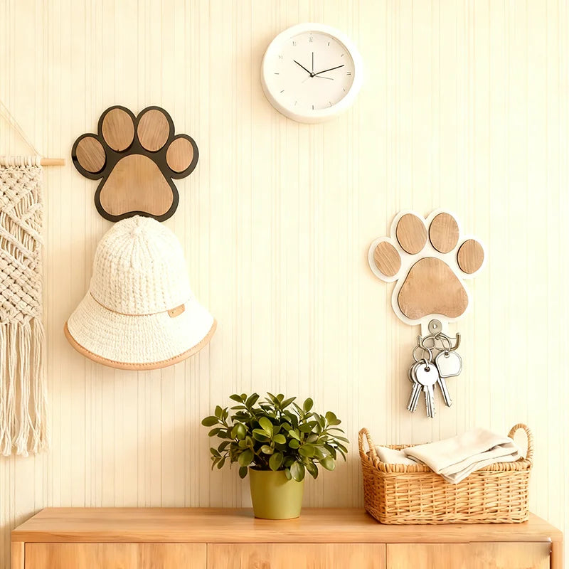 Wooden Paw Print Wall Hook Organizer – Decorative Pet Leash Holder & Key Hanger for Entryway - Product Photo 2