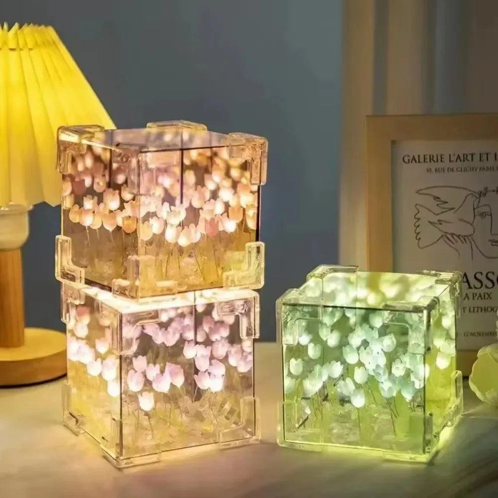 Creative DIY Tulip Flower Sea Cube Night Light Kit – Three-Dimensional Glass Mirror Lamp for Girlfriend & Couple Gifts - Product Photo 3