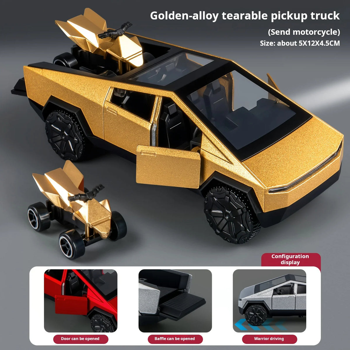 MAKEDA 1:36 Scale Cybertruck Off-Road Alloy Model – Futuristic Diecast Pickup Truck with Mini Beach Motorcycle for Display & Gifts - Gold