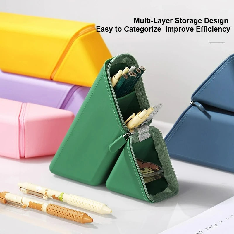 Large Capacity Triangular Silicone Pencil Bag – Standing Pen Holder for School & Desk - Product Photo 3