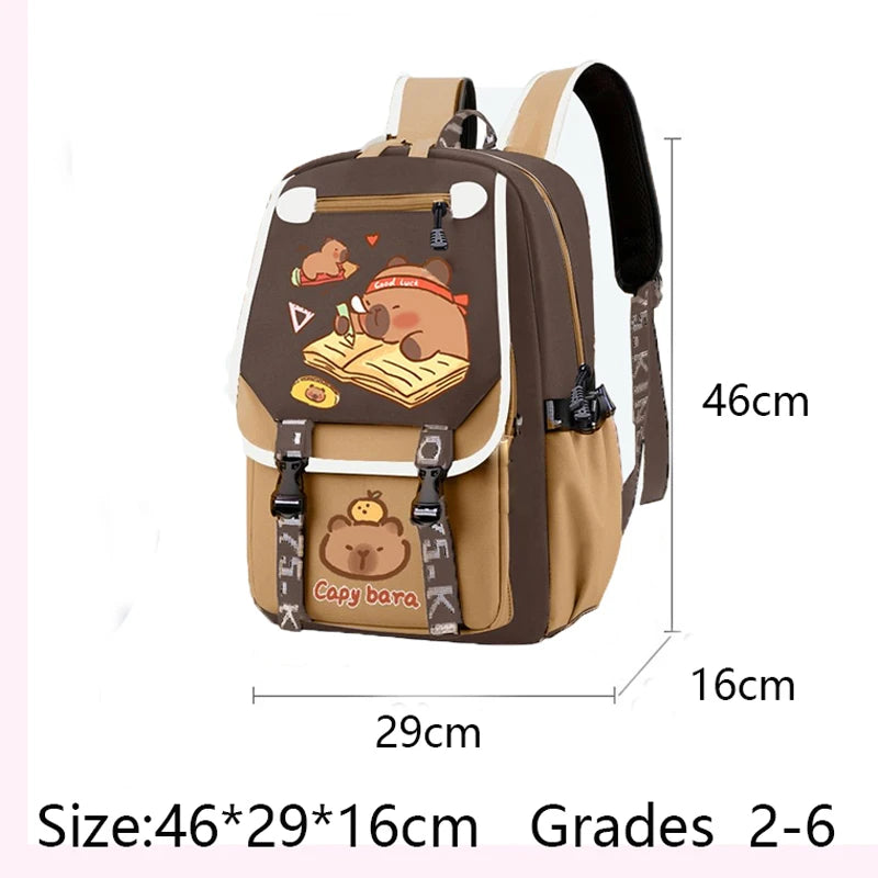 Kawaii Capybara Stylish Khaki School Backpack - 01