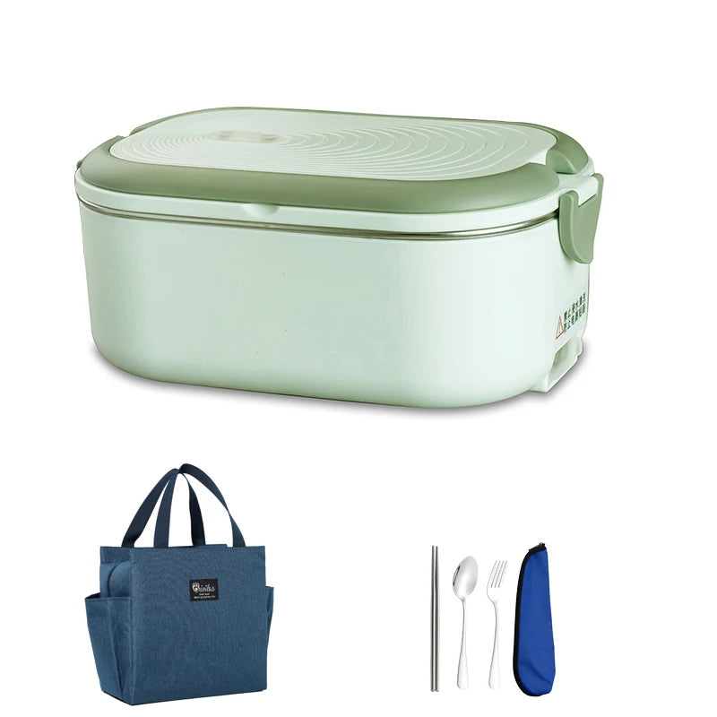 18W Electric Food Heating Lunch Box – 304 Stainless Steel Thermostatic Heater (110V/220V) - Green-Cutlery Bag - 220V - EU Plug