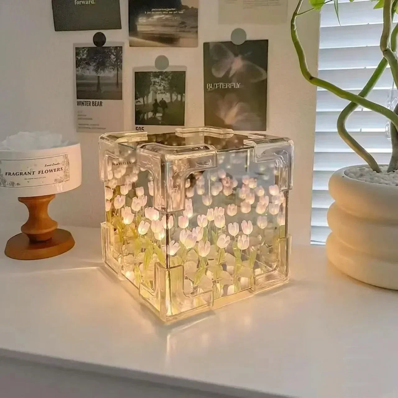Creative DIY Tulip Flower Sea Cube Night Light Kit – Three-Dimensional Glass Mirror Lamp for Girlfriend & Couple Gifts - purple