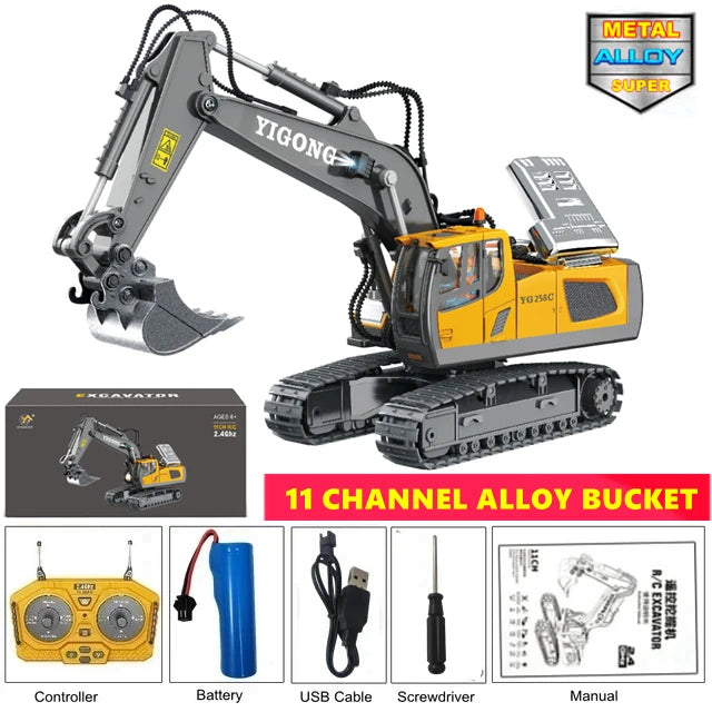 1:20 10-Channel RC Construction Vehicle – Heavy Duty Alloy Excavator / Dump Truck / Bulldozer Toy with Realistic LED Lights - Excavator 1Battery
