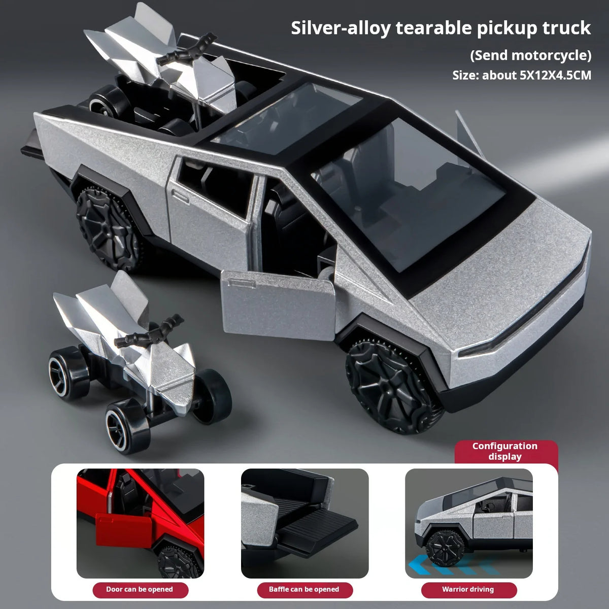 MAKEDA 1:36 Scale Cybertruck Off-Road Alloy Model – Futuristic Diecast Pickup Truck with Mini Beach Motorcycle for Display & Gifts - Product Photo 1