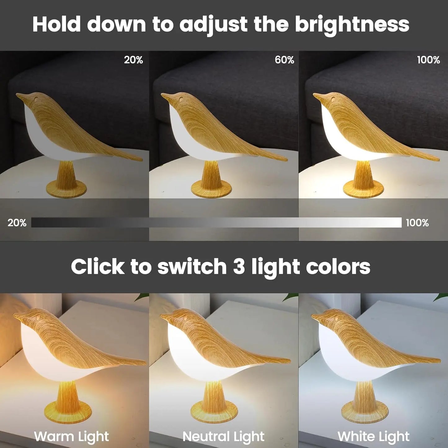 Art Deco LED Bird Table Lamp – Touch-Control 3-Brightness Dimmable Rechargeable Cordless Bedside Light - Product Photo 5