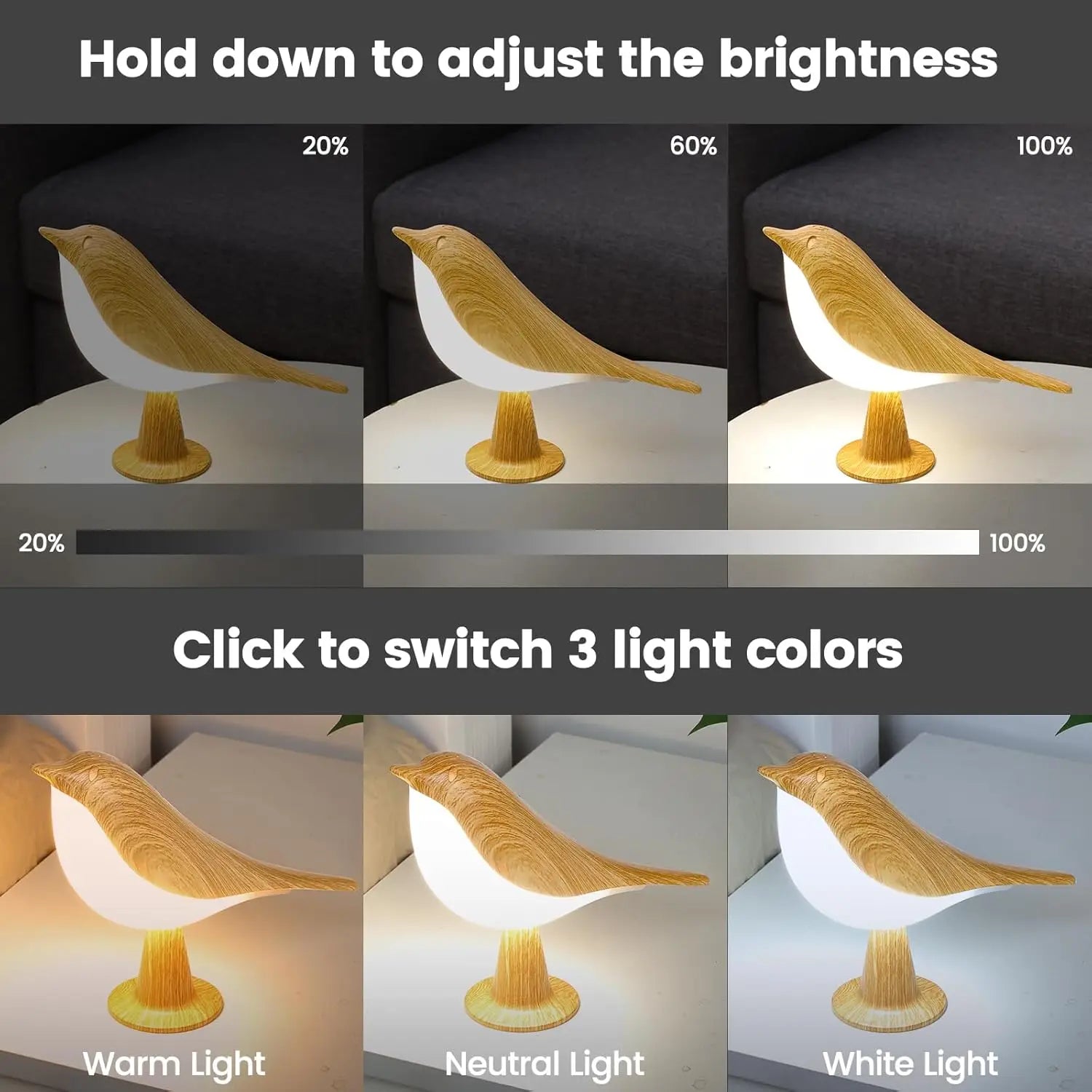 Art Deco LED Bird Table Lamp – Touch-Control 3-Brightness Dimmable Rechargeable Cordless Bedside Light - Product Photo 5