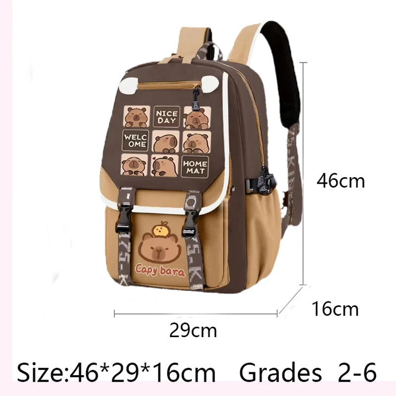 Kawaii Capybara Stylish Khaki School Backpack - 09
