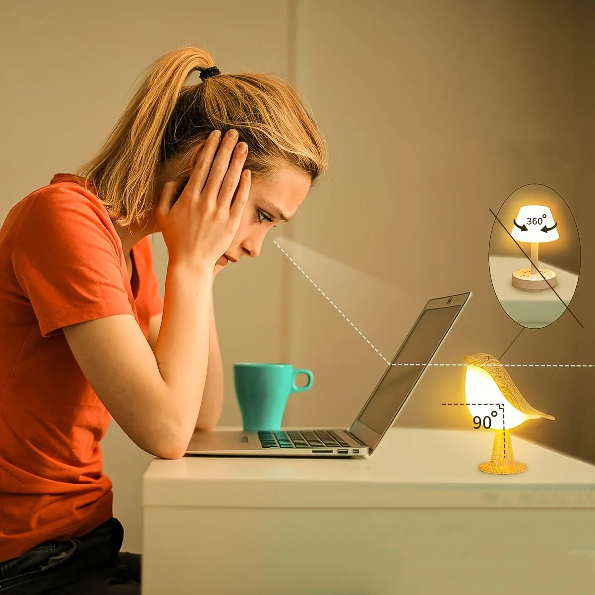 Art Deco LED Bird Table Lamp – Touch-Control 3-Brightness Dimmable Rechargeable Cordless Bedside Light - Product Photo 3