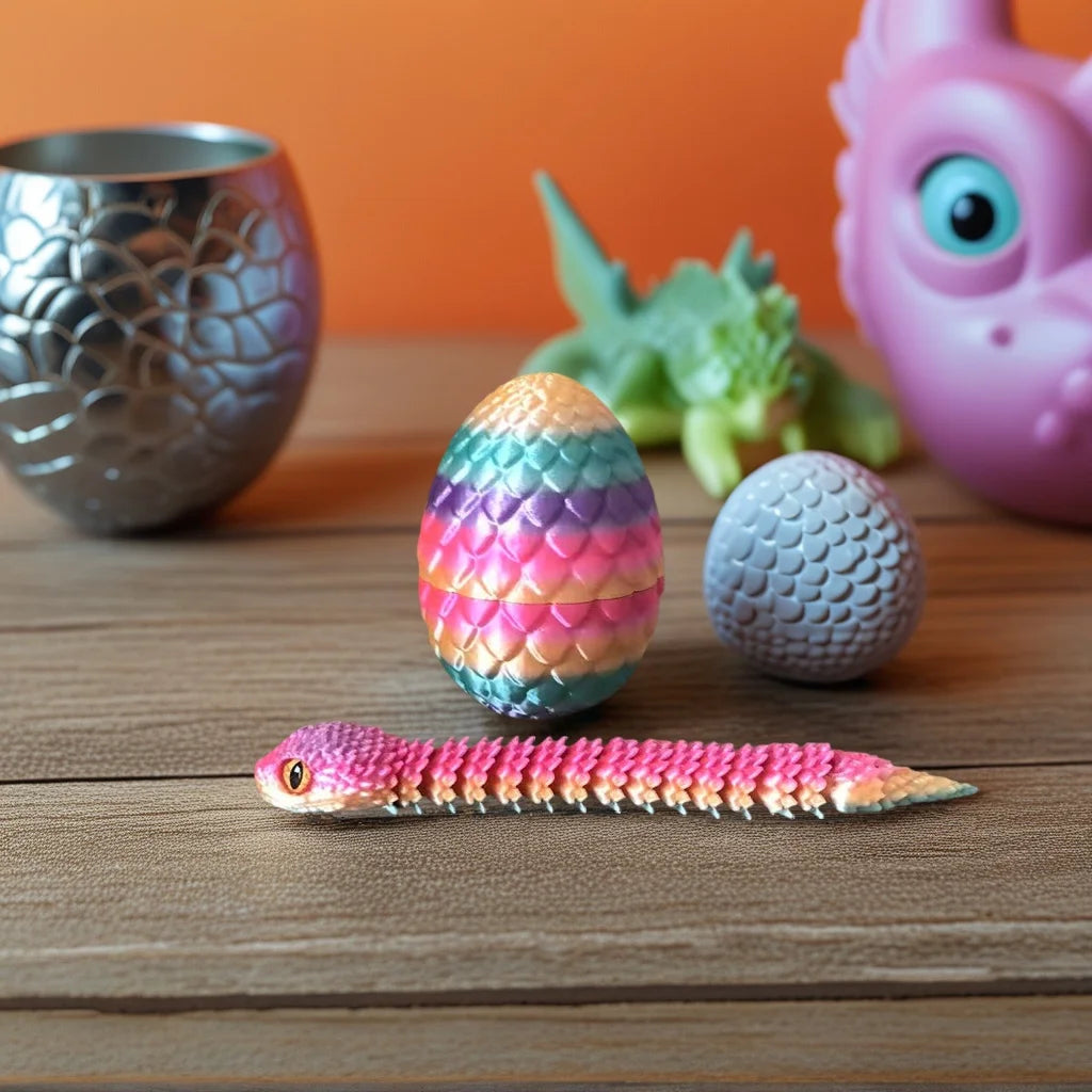 3D Printed Articulated Snake & Dragon Egg Action Figure – Flexible Plastic Fidget Toy & Desk Ornament for Home Office Decor & Gifts - Product Photo 2