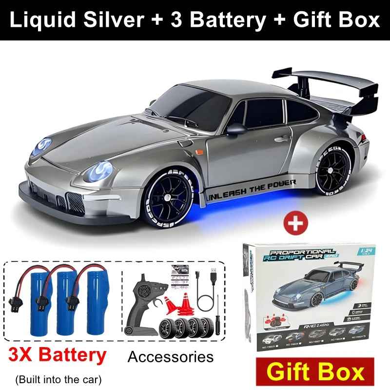 1:24 Scale 4WD RC Drift Car Model 933 – 20KM/H High Speed 2.4G 4x4 Remote Control Racer with Rechargeable Lithium Battery - Silver 3B Gift Box