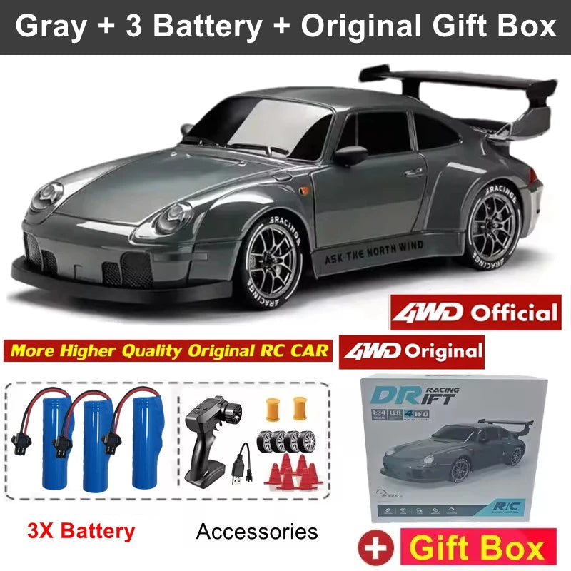 1:24 Scale 4WD RC Drift Car Model 933 – 20KM/H High Speed 2.4G 4x4 Remote Control Racer with Rechargeable Lithium Battery - Gray 3B Gift Box