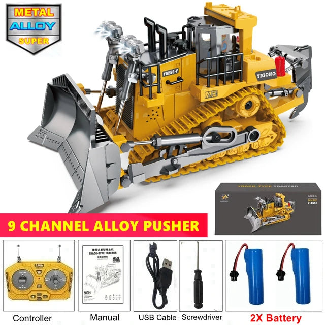 1:20 10-Channel RC Construction Vehicle – Heavy Duty Alloy Excavator / Dump Truck / Bulldozer Toy with Realistic LED Lights - Bulldozer 2Battery