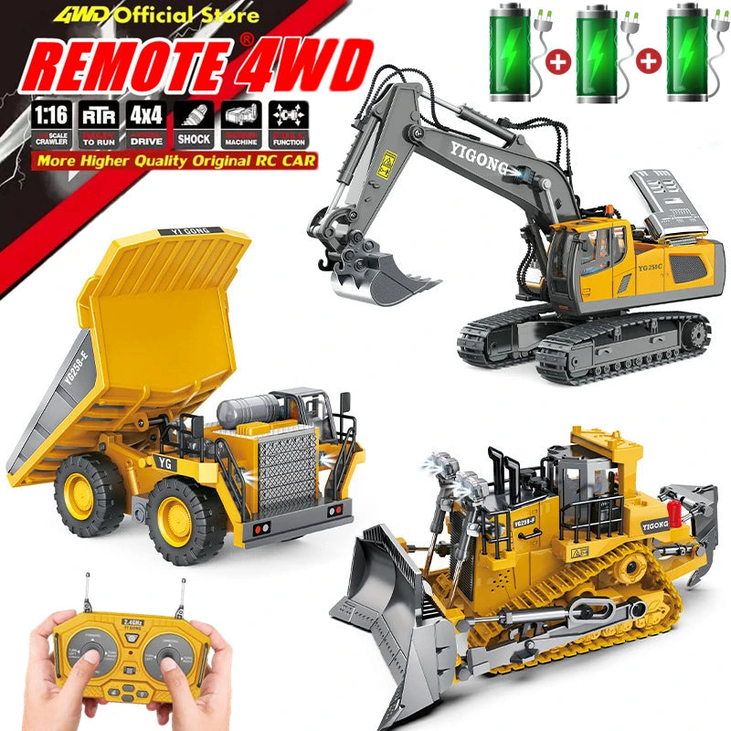 1:20 10-Channel RC Construction Vehicle – Heavy Duty Alloy Excavator / Dump Truck / Bulldozer Toy with Realistic LED Lights - Product Photo 1