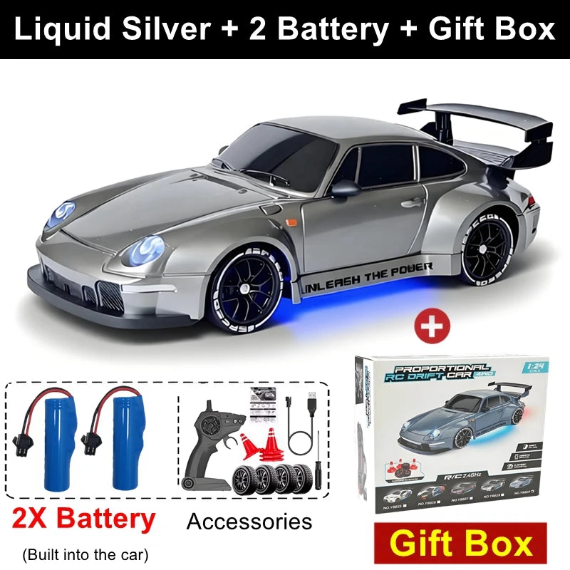 1:24 Scale 4WD RC Drift Car Model 933 – 20KM/H High Speed 2.4G 4x4 Remote Control Racer with Rechargeable Lithium Battery - Silver 2B Gift Box