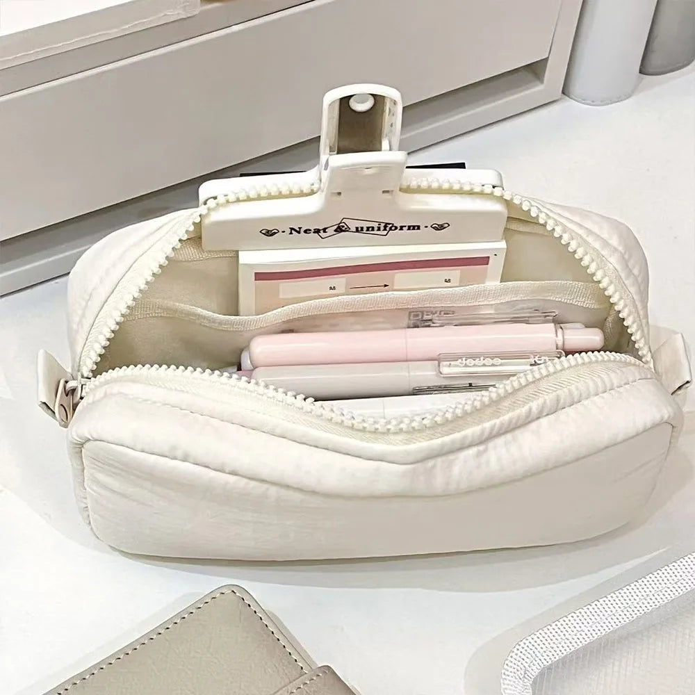 Solid Color Portable Zippered Pencil Bag - White