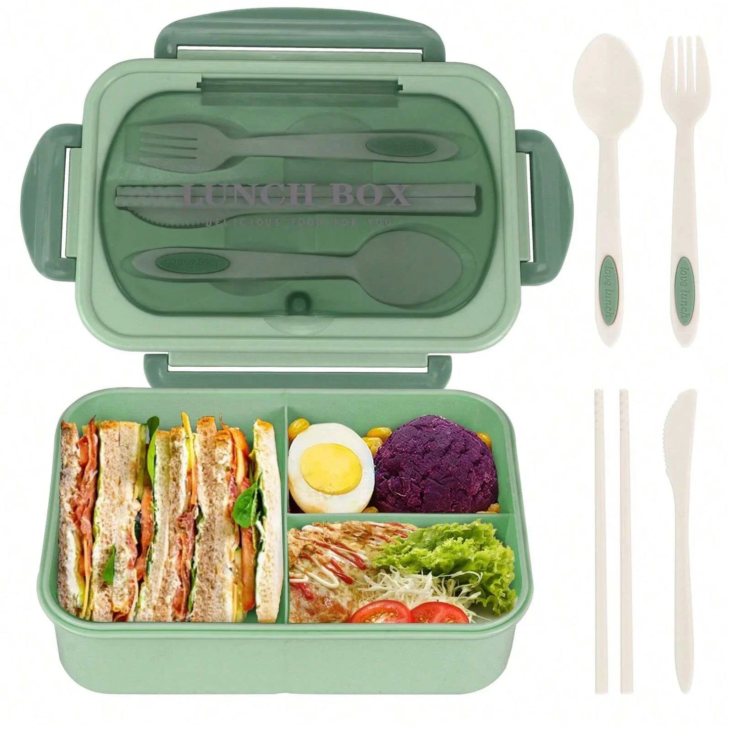 Adult Bento Box with 3 Compartments Lunch Container for Men Women Portable Lunchable Food Storage Back To School Microwave Safe - green - Three-compartment - China Mainland|1200ml