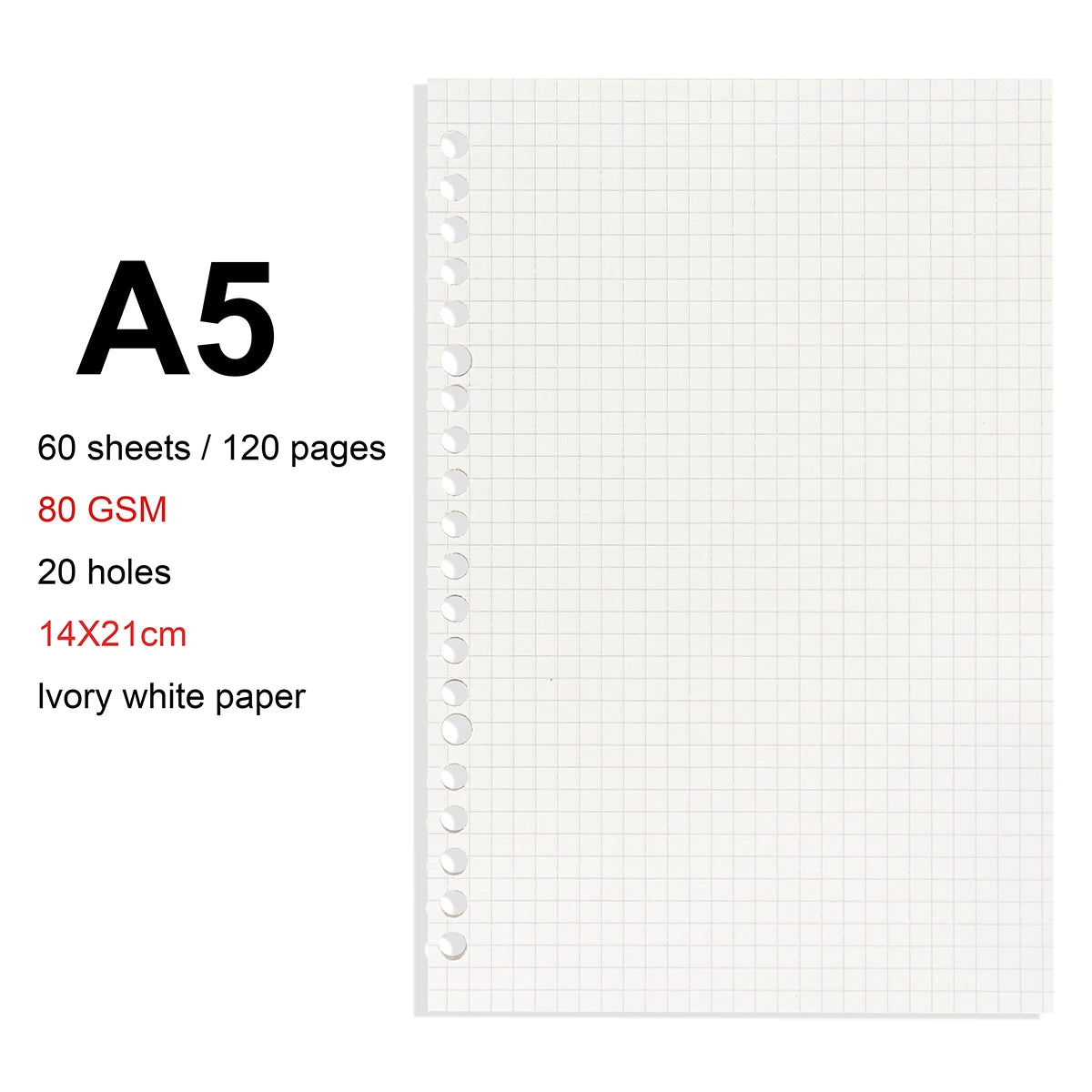 A4/B5/A5 Loose Leaf Refill Binder Notebook Blank/Line/Grid/Cornell Replacable Metal Ring Office&School Supplies Stationery - GridRefill-A5