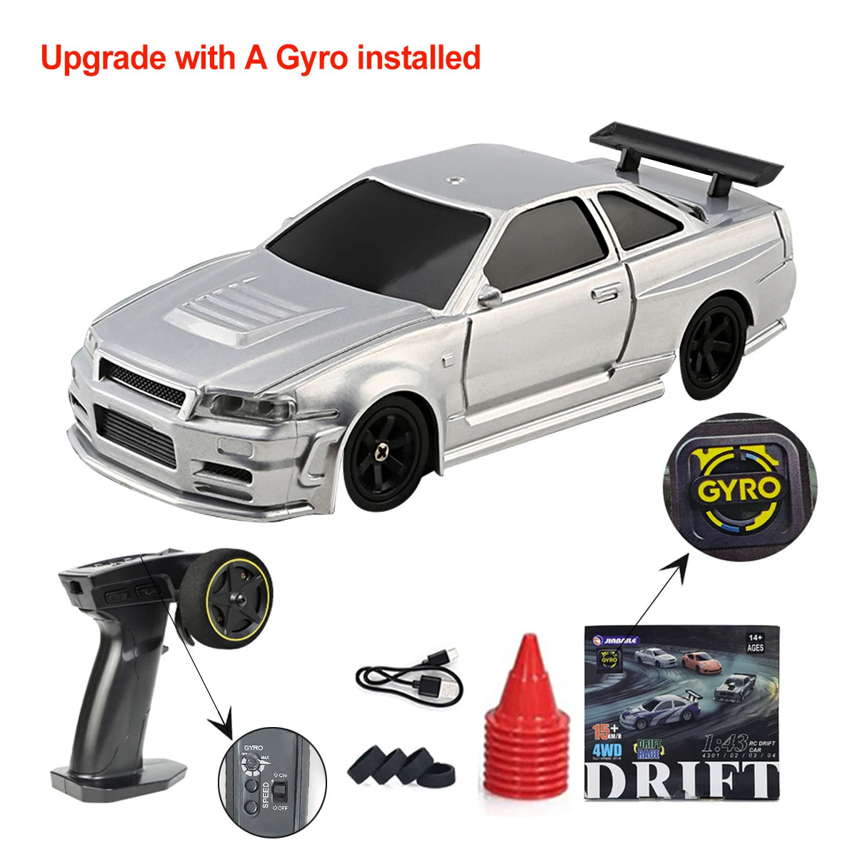 JIKEFUN 1/43 4WD Mini RC Drift Racing Car – Upgraded Gyro Assist, 2.4G High-Speed Radio Control RTR Vehicle with Rechargeable Battery - 4304 with gyro