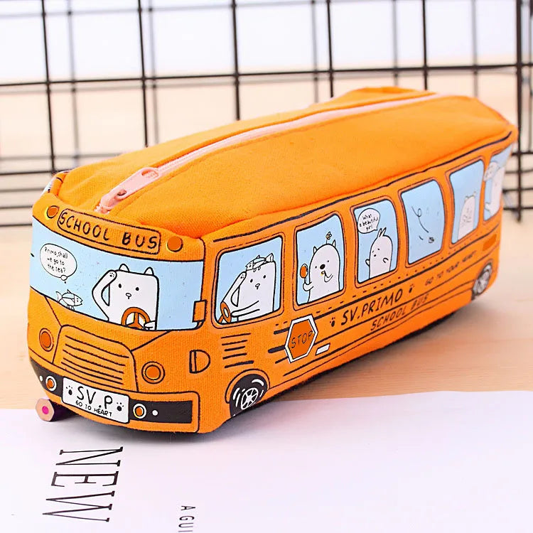 Large Capacity Cartoon Bus Pencil Case - Orange