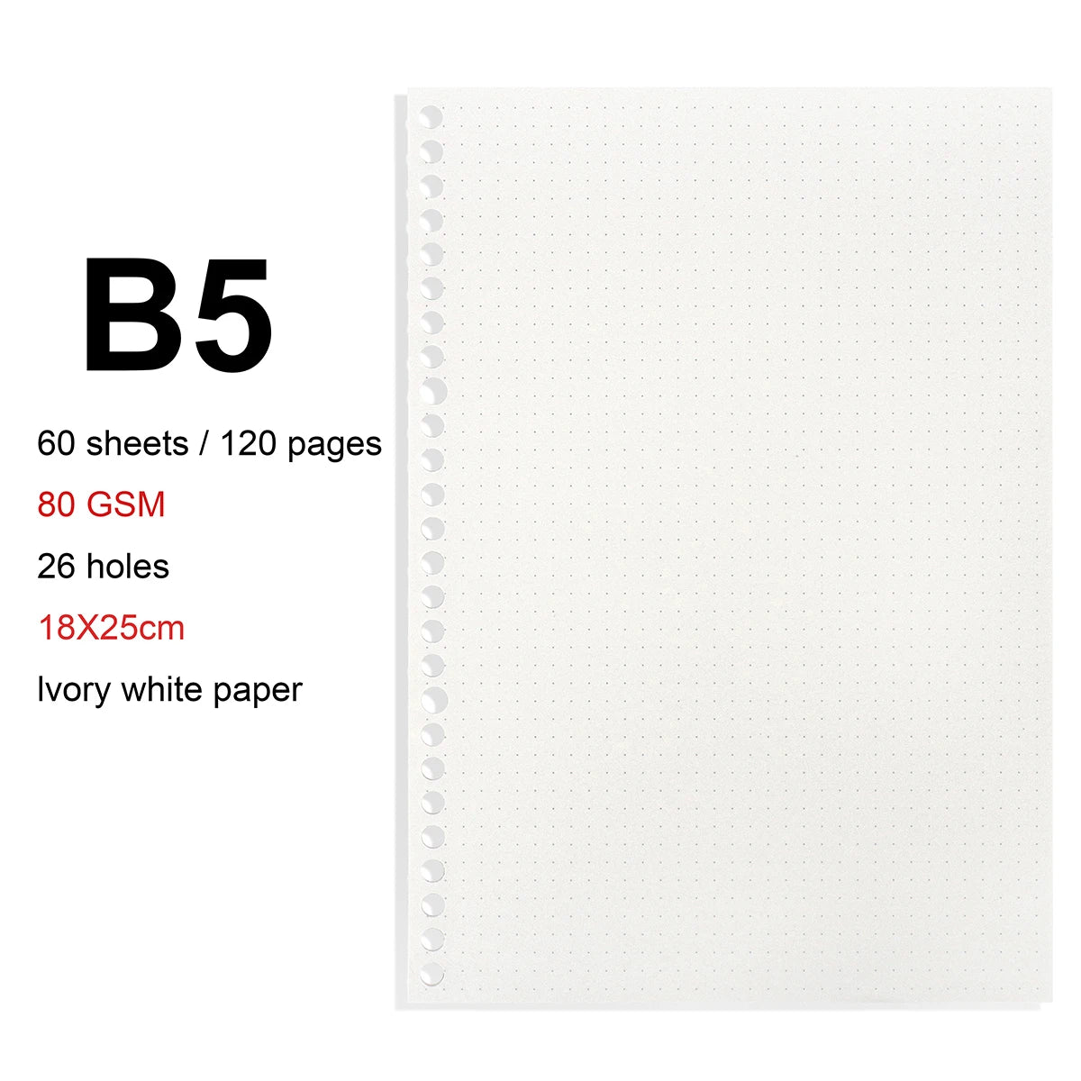 A4/B5/A5 Loose Leaf Refill Binder Notebook Blank/Line/Grid/Cornell Replacable Metal Ring Office&School Supplies Stationery - DottedRefill-B5