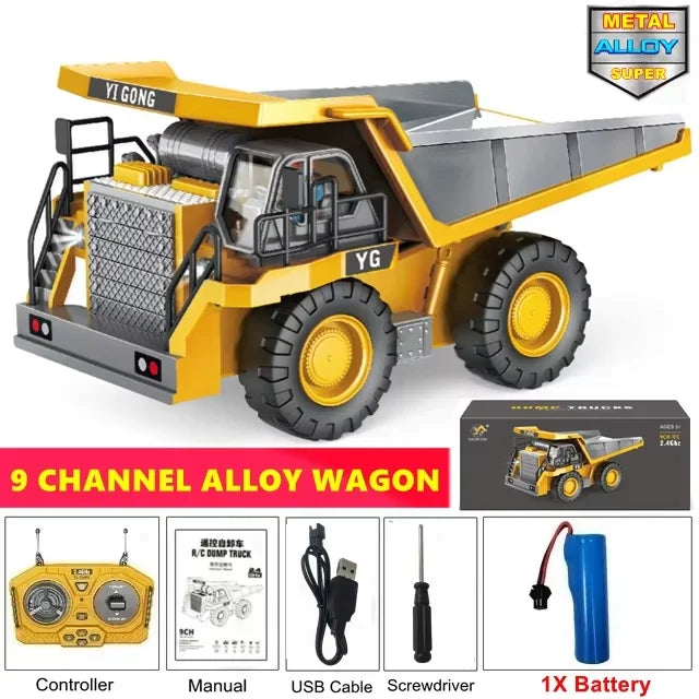 1:20 10-Channel RC Construction Vehicle – Heavy Duty Alloy Excavator / Dump Truck / Bulldozer Toy with Realistic LED Lights - Dump 1Battery