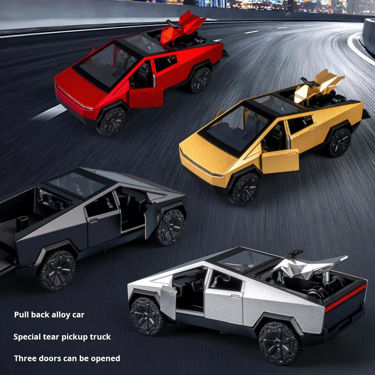 MAKEDA 1:36 Scale Cybertruck Off-Road Alloy Model – Futuristic Diecast Pickup Truck with Mini Beach Motorcycle for Display & Gifts - Product Photo 4