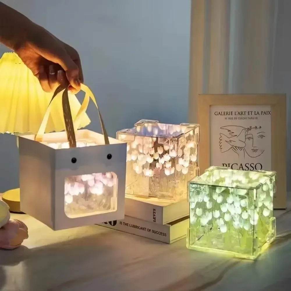 Creative DIY Tulip Flower Sea Cube Night Light Kit – Three-Dimensional Glass Mirror Lamp for Girlfriend & Couple Gifts - Product Photo 2