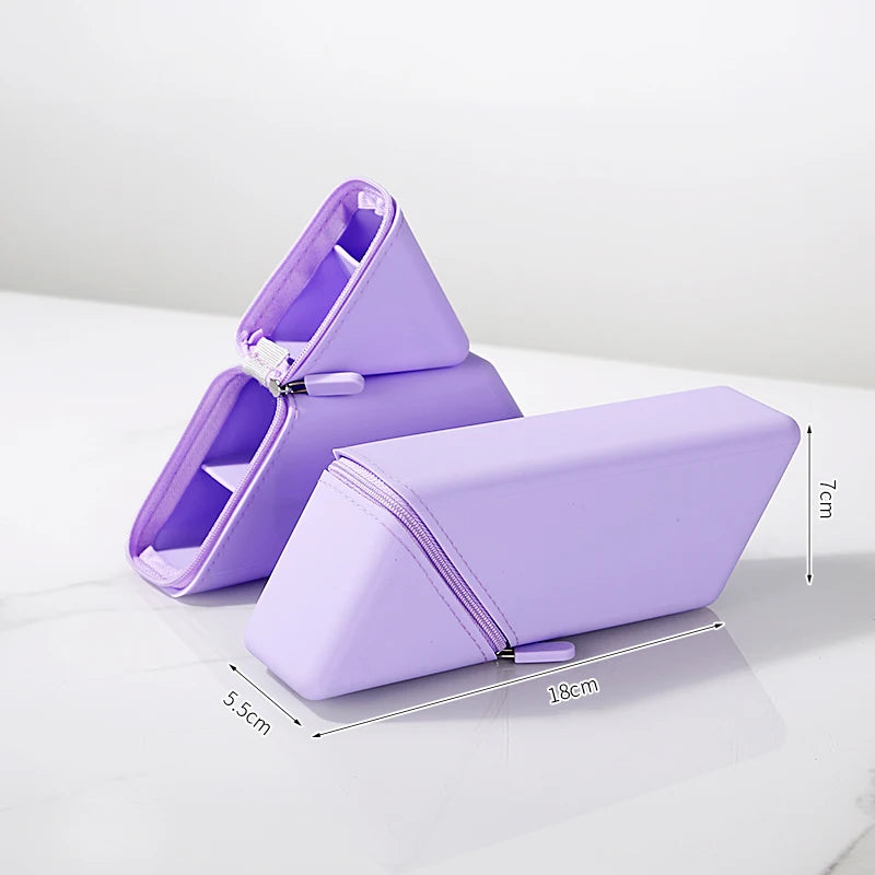 Large Capacity Triangular Silicone Pencil Bag – Standing Pen Holder for School & Desk - Purple