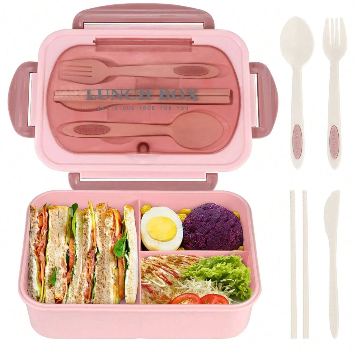 Adult Bento Box with 3 Compartments Lunch Container for Men Women Portable Lunchable Food Storage Back To School Microwave Safe - Pink - Three-compartment - China Mainland|1200ml
