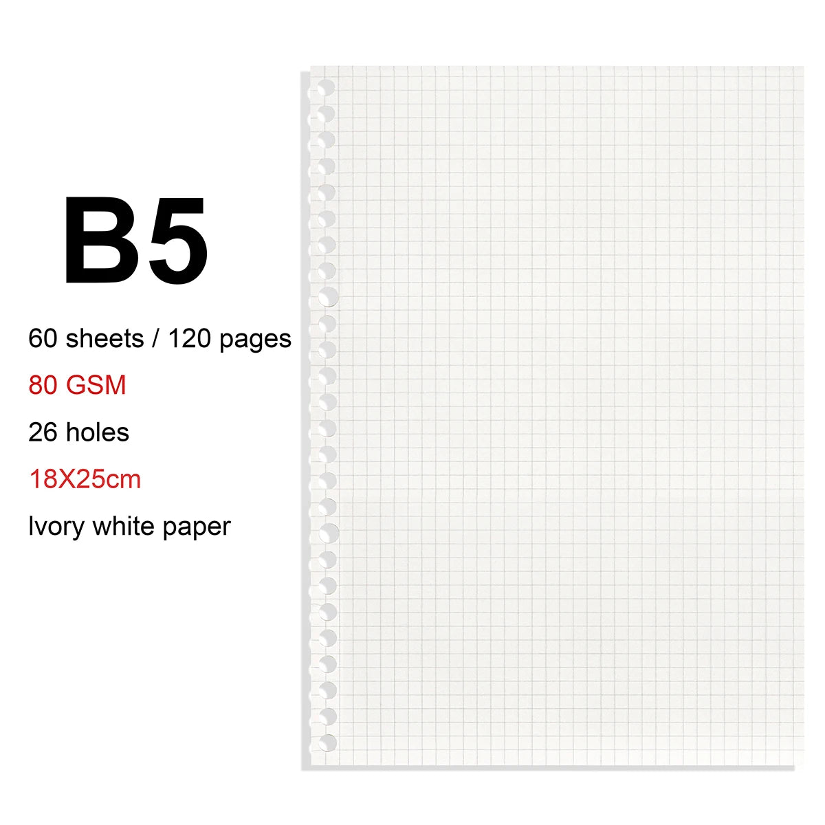 A4/B5/A5 Loose Leaf Refill Binder Notebook Blank/Line/Grid/Cornell Replacable Metal Ring Office&School Supplies Stationery - GridRefill-B5