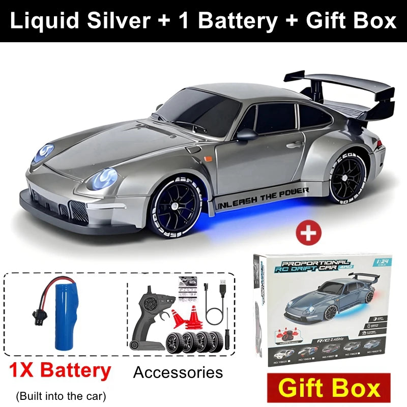 1:24 Scale 4WD RC Drift Car Model 933 – 20KM/H High Speed 2.4G 4x4 Remote Control Racer with Rechargeable Lithium Battery - Silver 1B Gift Box