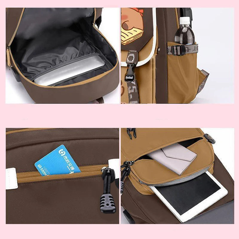 Kawaii Capybara Stylish Khaki School Backpack - Product Photo 5