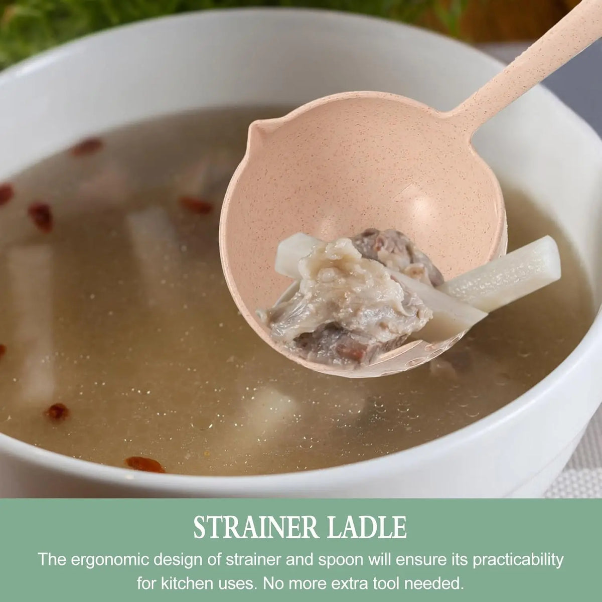 Eco-Friendly 2-in-1 Soup Spoon & Filter Strainer – Wheat Straw Long Handle Kitchen Ladle for Soup & Hotpot - Product Photo 5