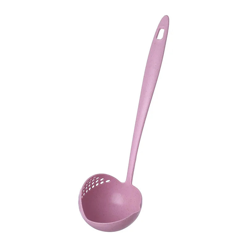 Eco-Friendly 2-in-1 Soup Spoon & Filter Strainer – Wheat Straw Long Handle Kitchen Ladle for Soup & Hotpot - Pink