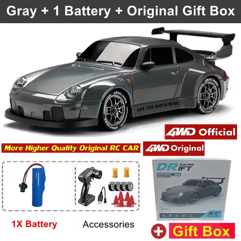 1:24 Scale 4WD RC Drift Car Model 933 – 20KM/H High Speed 2.4G 4x4 Remote Control Racer with Rechargeable Lithium Battery - Gray 1B Gift Box