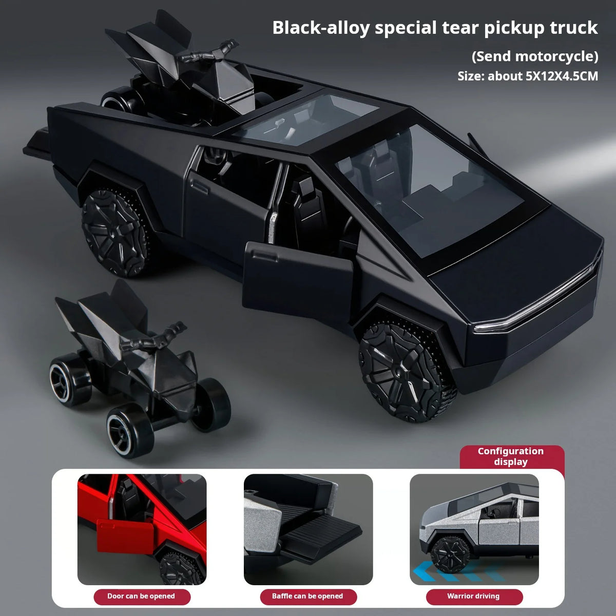 MAKEDA 1:36 Scale Cybertruck Off-Road Alloy Model – Futuristic Diecast Pickup Truck with Mini Beach Motorcycle for Display & Gifts - black