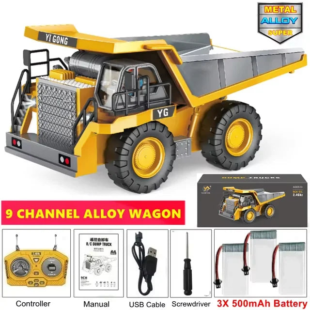 1:20 10-Channel RC Construction Vehicle – Heavy Duty Alloy Excavator / Dump Truck / Bulldozer Toy with Realistic LED Lights - Dump 3Battery
