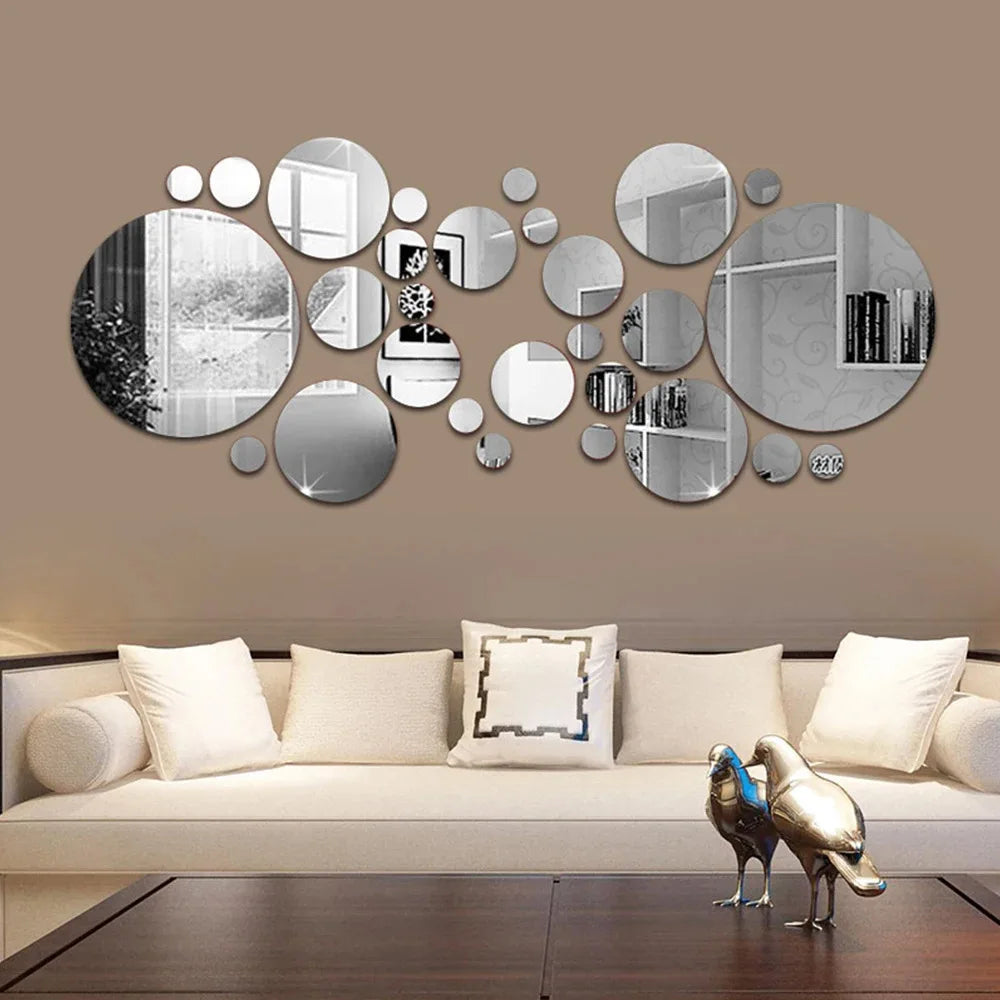 26-PC 3D Acrylic Circle Mirror Wall Stickers – Adhesive Reflective Decorative Panels for Bedroom, Living Room & TV Background - Product Photo 1
